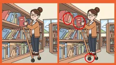 Bibliotecária numa estante, com três diferenças assinaladas a vermelho