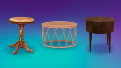 Três mesas diferentes alinhadas num fundo azul e roxo para um teste de personalidade